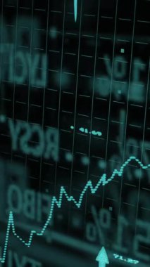 Grafiklerin animasyonu, yukarı oklar, rakamların değişmesi ve siyah arkaplan üzerinden ticaret panosu. Dijital olarak üretilmiş, hologram, rapor, iş, büyüme, yön, kâr ve borsa kavramı.