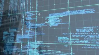 Etkinleştirme sırasında şeffaf ızgara açılır ve değişen kod blokları veri akışını görselleştirir. Fütüristik, veri görselleştirme, siber, teknoloji, arayüz, dijital, soyut