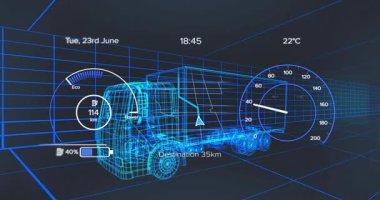 Batarya şarj oluyor ve sürüş hızını boşaltıyor ve HUD 'da 3 boyutlu kamyonun yavaşlaması şarj döngüsünü gösteriyor. Gelecek, teknoloji, arayüz, siber, dijital, ulaşım, yenilik