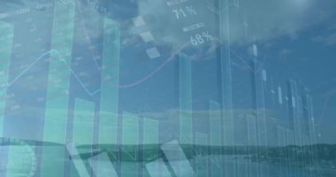 Manzara üzerindeki finansal verilerin ve grafiklerin animasyonu. Çevre, sürdürülebilirlik, ekoloji, yenilenebilir enerji konsepti dijital olarak oluşturulmuş video.