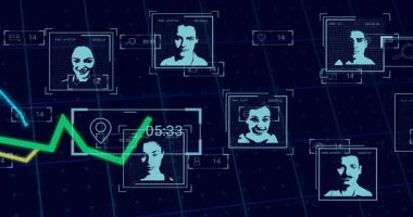 3D ızgara portrelerin görünümü azalan sayılar yükseliyor, çizgi grafiği titreşimi görselleştiren nişan büyümesi. Analizler, veriler, görselleştirme, dijital, teknoloji, gösterge paneli, ağ