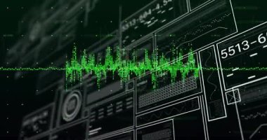 Konsol başlangıcında, yeşil dalga biçimi titreşimleri ve veri görüntüleme için güncelleme kodlarını kaydıran paneller. Fütüristik, veri görselleştirme, teknoloji, dijital, soyut, analitik, yenilik