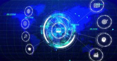 Parlak arayüz çöküyor, bilgisayar simgesi beliriyor, halkalar dönüyor, oklar veri akışını takip ediyor. Teknoloji, veri görselleştirme, dijital arayüz, siber güvenlik, analitik, yenilik, fütürist