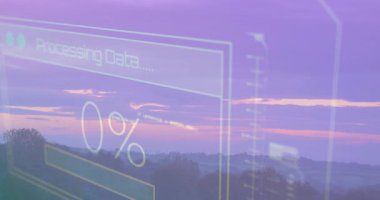 Bir saniye sonra işlem arayüzü dağların üzerinde kayboluyor. 100 'e kadar ilerlemeyi güncelliyor ve sonra kayboluyor. Gelecek, teknoloji, arayüz, ilerleme, dijital, manzara, ışıklandırma