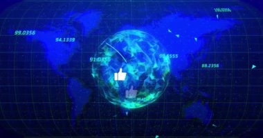 3 boyutlu dünya, sayısal düğümlerden kavis alıyor, başparmak simgeleri ekliyor ve görüntü için geri çekiliyor. Gelecekçi, veri, görselleştirme, teknoloji, dijital, bağlantı, yenilik