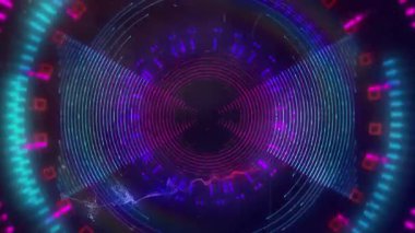 Siyah arkaplanda renkli dairelerin ve şekillerin canlandırılması. soyut arkaplan ve dijital arayüz kavramı dijital olarak oluşturulmuş video.