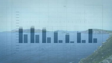 Yük çizelgelerinde deniz manzarasında kaybolan çubuklar, bölmeyi açığa çıkarmak için dağılmadan önce çizgi grafiklerine yükseliyor. Soyut, veri görselleştirme, doğal manzara, dijital kaplama, analitik, sakin, ufuk