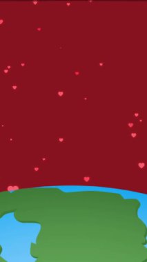 Kırmızı arka planda küre ile yüzen kalplerin animasyonu. Aşk, ilişki ve sevgililer günü konsepti dijital olarak oluşturulmuş video.