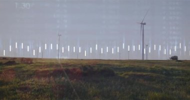 Başlangıçta ortaya çıkan veri örtüsü, rüzgar çıkışını takip eden çubukları kaydırmak, enerji varyasyonlarını göstermek. Yenilenebilir, sürdürülebilirlik, yenilik, gelecekçilik, teknoloji, çevre, ölçüm