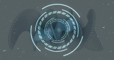 Merkezdeki kavisler, titreşen ve dalgalanan sarmal ile dönen kesik halkalar oluşturarak HUD UI 'yi görüntülüyor. Fütürist, teknolojik, soyut, hareket, dijital, bilim kurgu, holografik