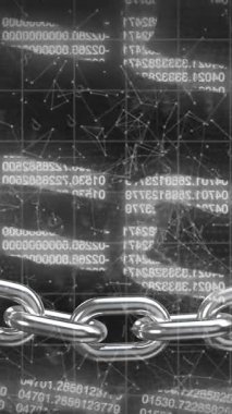 Veri işleme ve ikili kodlama ile dijital blok zincirlerinin animasyonu. Dijital olarak oluşturulmuş küresel çevrimiçi güvenlik, dijital arayüz ve veri işleme kavramı.