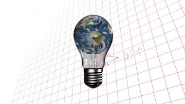 Başlangıçta kırmızı denklemler ve eksenler geometriyi çizerken Dünya desenli 3D ampul ızgaranın üzerinde yüzüyor. Yenilik, teknoloji, soyut, eğitici, dijital, gelecekçi, bilimsel