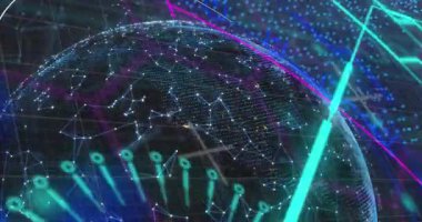 Donanma dijital uzayındaki bağlantılar ve dünya üzerinde veri işleme animasyonu. veri işleme, teknoloji ve dijital arayüz kavramı dijital olarak oluşturulmuş video.