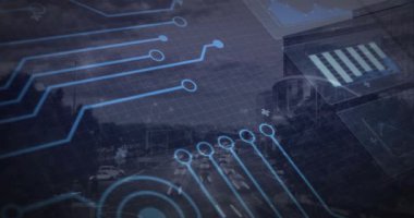 Devre hatları genişletilirken ızgara zayıflıyor, trafik analizi için araçları takip eden düğüm işaretleri. Kentsel, ulaşım, teknoloji, veri görselleştirme, zeka, analitik, modern