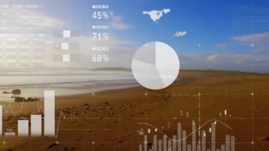 Kumlu sahil üzerindeki UI, pazar eğilimlerini görselleştiren ölçüm çubukları, göstergeler ve çizgi grafikleri başlatıyor. Veri görselleştirme, analitik, finansal, kıyı, sakin, modern, teknoloji