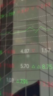 Animation of stock market data processing against tall building. Global economy and business technology concept