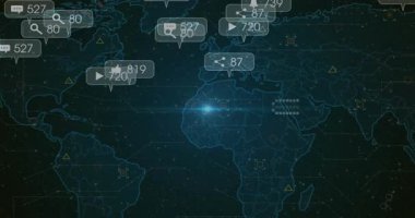 Harita merkezinde ortaya çıkan mavi işaret fişeği yapay zeka kabarcıkları çakıyor. Göç dalgaları, nişan eğilimlerini gösteriyor. Dijital, küresel, geleceksel, teknolojik, ağ, görselleştirme, arayüz