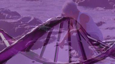 Sol kanattan çıkan DNA sarmalı bilim için kıyı şeridini takip eden yaşlı bir kadına rehberlik ediyor. Genetik, kıyı, keşif, keşif, farkındalık, doğa, araştırma