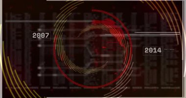 Başlangıçta, 3 boyutlu kırmızı küre sola dönüyor, etiketler güncelleniyor, halkalar titreşiyor, küresel zaman çizgisini görselleştiriyor. Teknoloji, yenilik, dijital, animasyon, veri görselleştirme, ağ oluşturma, fütürist