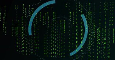 Sürüklenen yeşil kod akışları, dönen halkaları ve titreşen asma kilidi olan alan güvenliği gösteriyor. Siber güvenlik, dijital, fütüristik, şifreleme, veri koruması, teknoloji, arayüz