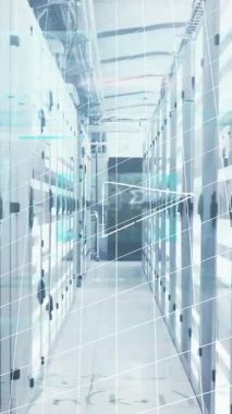 Animation of processing data and maths calculations over computer server room. Global communication, research, data and network concept digitally generated video.