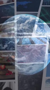 Animation of globe over different videos. Global technology, business and digital interface concept digitally generated video.