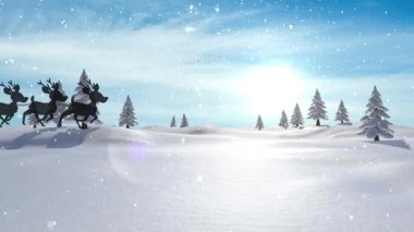 Noel Baba 'nın siluetinin üzerine düşen kar animasyonu kış manzarasında ren geyiğiyle kızakta. Noel, gelenek ve kutlama konsepti dijital olarak oluşturuldu.