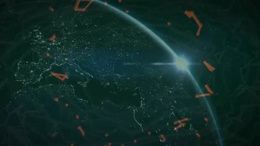 İçe doğru hareket eden kırmızı düğümler gün doğumunu işaret ederken Dünya dönen kıtaları açığa çıkarıyor. Gezegen ağı, dijital bağlantı, uzay teknolojisi, fütüristik tasarım, teknolojik yenilik, veri görselleştirme, küresel iletişim