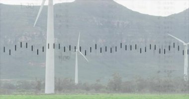 Veri çubukları zayıflarken rüzgar türbinleri dönüyor, enerji akımlarını takip ediyor ve yer değiştiriyor. Yenilenebilir, sürdürülebilirlik, teknoloji, enerji, sanayi, çevre, veri görselleştirmesi