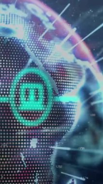 Değişen sayılar ve soyut arkaplan üzerindeki çizgiler üzerindeki simgelerin akış çizelgesinin canlandırılması. Dijital olarak üretilmiş, hologram, illüstrasyon, iletişim, büyüme, küreselleşme ve teknoloji.