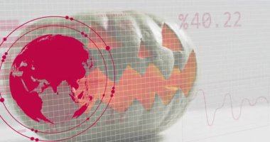 3D çatlak küre kırmızı küre halkaları başlatılıyor, ikili kayma, veri analizi için çizelgeler canlandırılıyor. Teknoloji, veri, görselleştirme, analitik, dijital, yenilik, arayüz