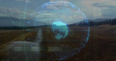 Alanın üzerinde parlayan noktalar ortaya çıkıyor holografik Dünya 'yı oluşturan sarmal halkalar analitiği görselleştiriyor. Teknoloji, veri, yenilik, dijital, fütüristik, görselleştirme, analitik