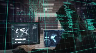 Kafkas erkek hacker 'ın dizüstü bilgisayar kullanarak veri işleme animasyonu. küresel çevrimiçi güvenlik, siber suç, bilgisayar, teknoloji ve veri işleme kavramı dijital olarak oluşturulmuş video.