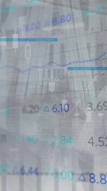 Animation of statistical and stock market data processing against man standing at office. Global economy and business data technology concept