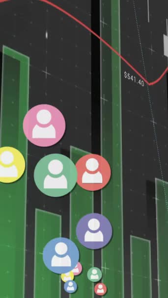 Animation of people icons over statistics and financial data processing. business finance and social media concept digitally generated video.