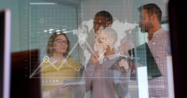 Team discussing data on glass wall in glass conference room, with world map and line graph. Collaboration, innovation, data visualization, analytics, modernoffice, teamwork, digitaltech