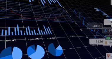 3 boyutlu ızgara çizgilerinde, çubuk ve pasta grafikleriyle, satır grafikleriyle, UI simgeleriyle gösteriliyor. Fütürist, analitik, teknoloji, yenilik, dalgın, içgörü, dijital