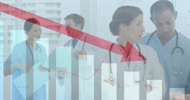 Reviewing medical team in scrubs and coats analyzing declining metrics in corridor, with bar charts. Healthcare, analytics, collaboration, modern, professionalism, data, innovation
