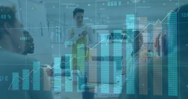 Collaborating project team of six analyzing holographic charts in modern office, with flipchart. Business, teamwork, innovation, analytics, strategy, consultation, communication