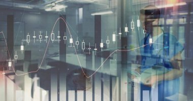 Consulting male doctor reviewing file in clinic, with stethoscope and financial chart overlays. Medical, finance, analytics, professional, corporate, technology, health