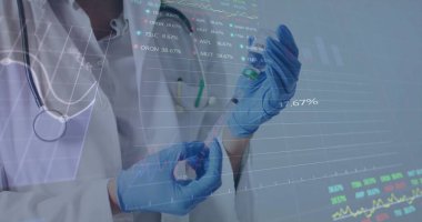 Gloved researcher holding glass vial and handling syringe in clinical lab with floating data graphs. Scientist, healthcare, biotechnology, innovation, precision, analytical, futuristic