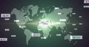 Displaying world map in virtual space, with green flares, data labels, icons, and connector lines. Interactive, analytics, futuristic, digital, technology, connectivity, network