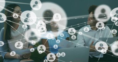 Collaborating professionals reviewing network overlay in office lounge, with laptop and documents. Business, infrastructure, connectivity, technology, teamwork, modern, innovation