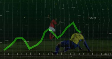 Dijital şebeke kaplaması, yeşil veri hattı ve sayısal etiketlerle futbol oyuncuları sahada yarışıyor. Atletizm, rekabet, strateji, teknoloji, yenilik, takım çalışması, yoğunluk