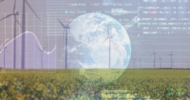 Türbinlerle dolu ekin alanının üzerinde süzülen dünya: çizgi grafiği, kod ve kalp pilleri. Sürdürülebilirlik, yenilenebilirlik, kentleşme, modern, ekolojik, dijital, yenilik