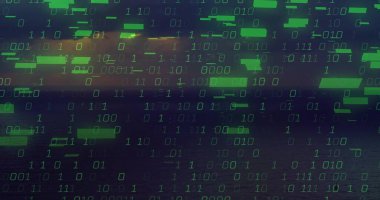 Alacakaranlıkta deniz ufkundan geçen yeşil ikili kodların karışımı dikdörtgen kod blokları. Fütürist, dijital, soyut, teknoloji, okyanus, dingin, canlı