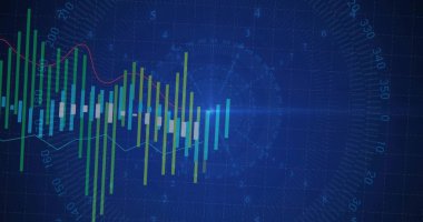 Mum, dikey çubuklar, trend çizgileri ve çizgi grafikleri radar kaplamalı karanlık ızgaralarda görüntüleniyor. Veri analizi, görselleştirme, dijital arayüz, fütüristik tasarım, teknoloji, analiz, gösterge paneli