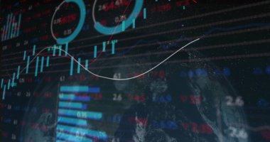 Dünya küresi, ticari gösterge panelini şamdan çubukları çizelgesi ve göstergelerle kaplıyor. Teknoloji, analitik, yenilik, veri görselleştirme, finans, dijital arayüz, fütürizm