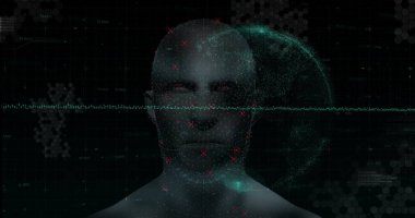 Male bust undergoing scanning in biometric interface, with red landmark dots, green scan line. Technology, security, artificial intelligence, futurism, innovation, facial analysis, digital interface