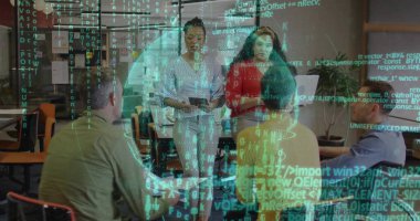 Collaborating team of five in business attire gathering around table in office with laptop tablet. Collaboration, teamwork, office, technology, corporate, communication, brainstorming